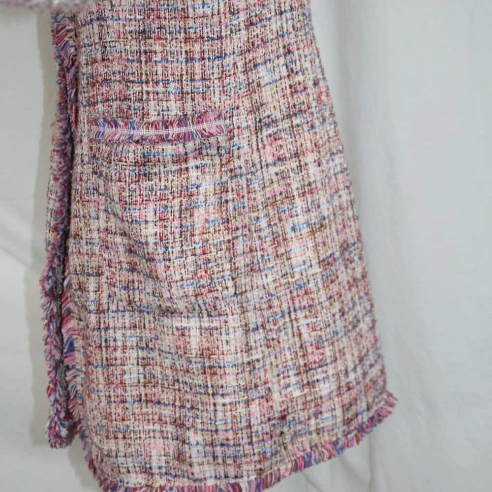 Laundry By Shelli Segal Fringe Pink Tweed Walker Coat Outerwear L Open Blazer - Picture 4 of 9